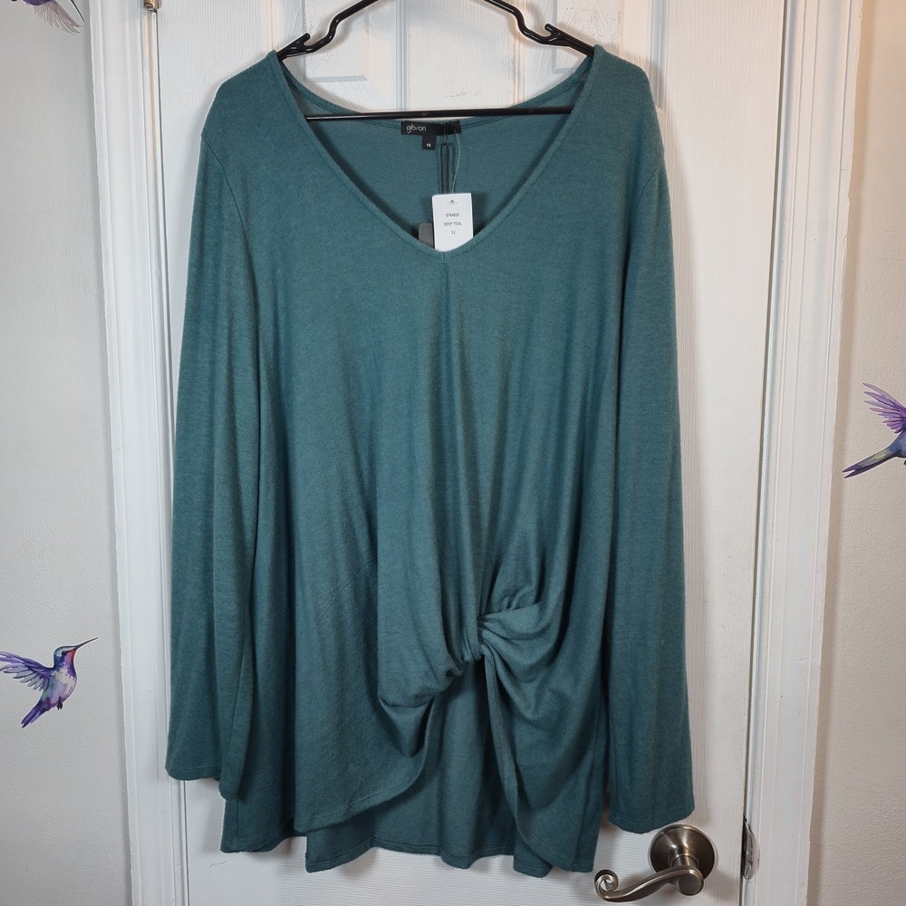 NWT Gibson Teal Front-Knot V-Neck Cozy Tunic Top Size 1X